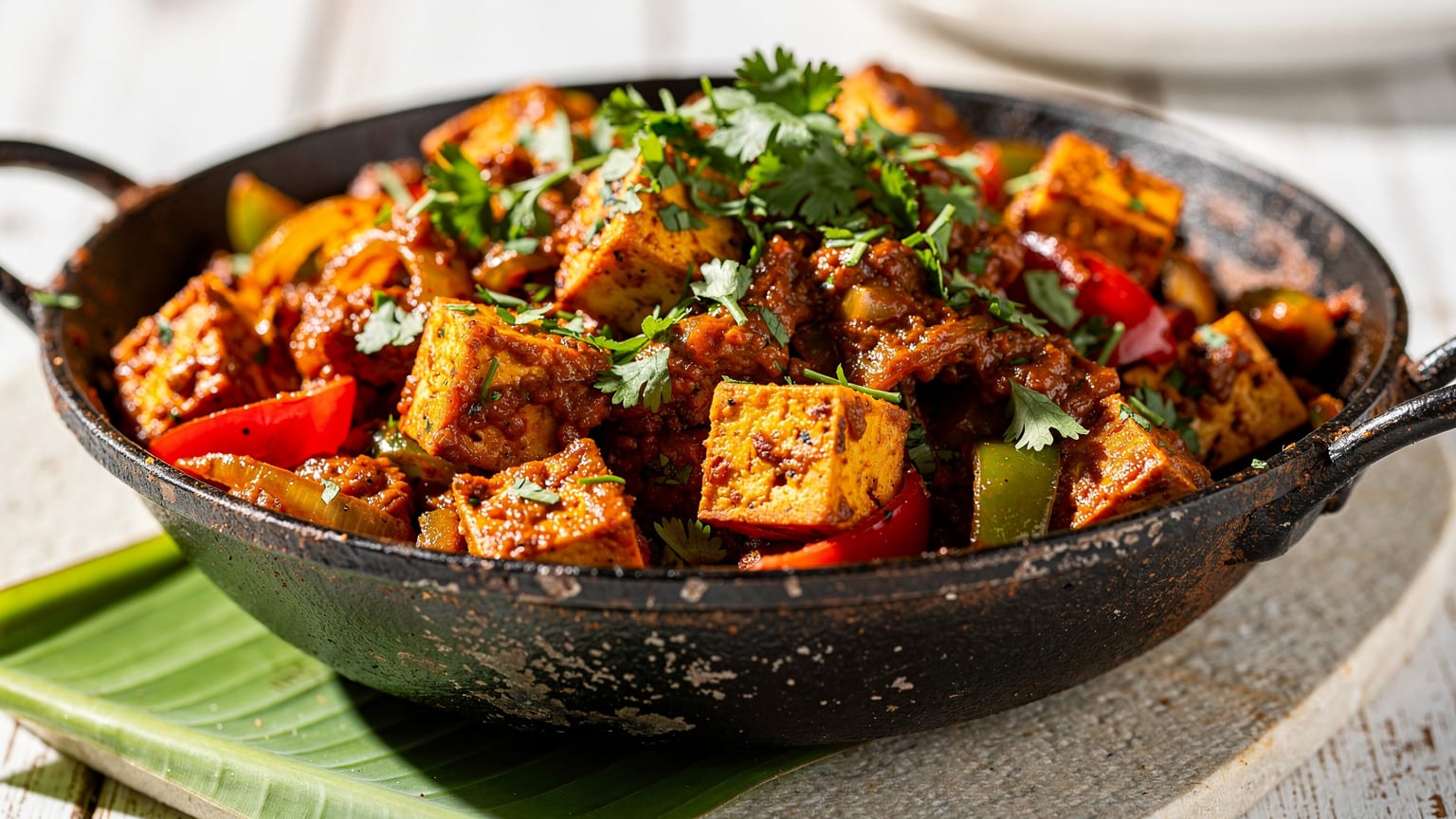 Kadai paneer in an iron karahi