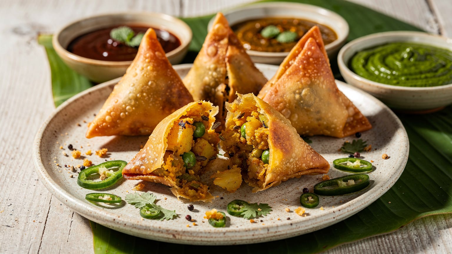Freshly fried vegetable samosas with chutney